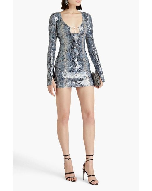 16Arlington Blue Solaria Sequined Snake-print Mesh Mini Dress