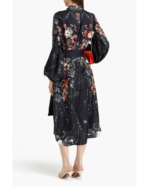 Camilla Black Crystal-embellished Printed Silk-twill Midi Shirt Dress