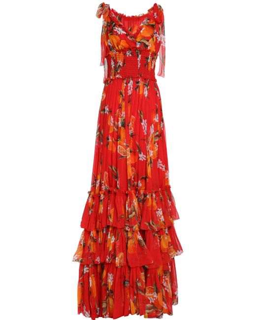 Dolce & Gabbana Tiered Floral-print Silk-chiffon Gown Tomato Red
