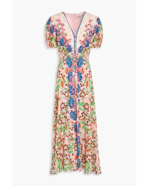 Saloni White Printed Silk Crepe De Chine Midi Dress