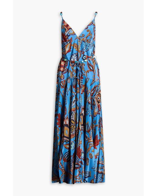 Farm Rio Blue Maxi FARM Rio Embellished Printed Crepe De Chine Maxi Dress in Blue | Lyst UK