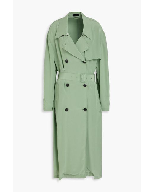 Theory Green Double-breasted Belted Crepe De Chine Trench Coat