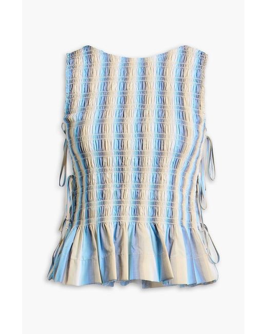 Ganni Blue Shirred Striped Cotton Top
