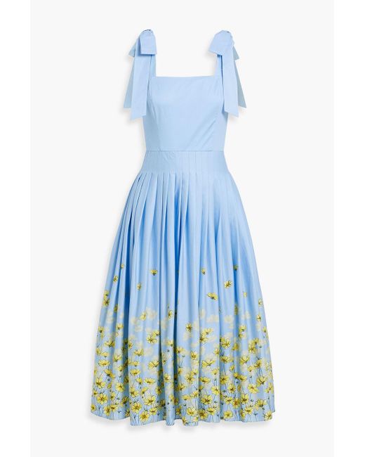 Mikael Aghal Blue Pleated Floral-Print Cotton-Poplin Midi Dress