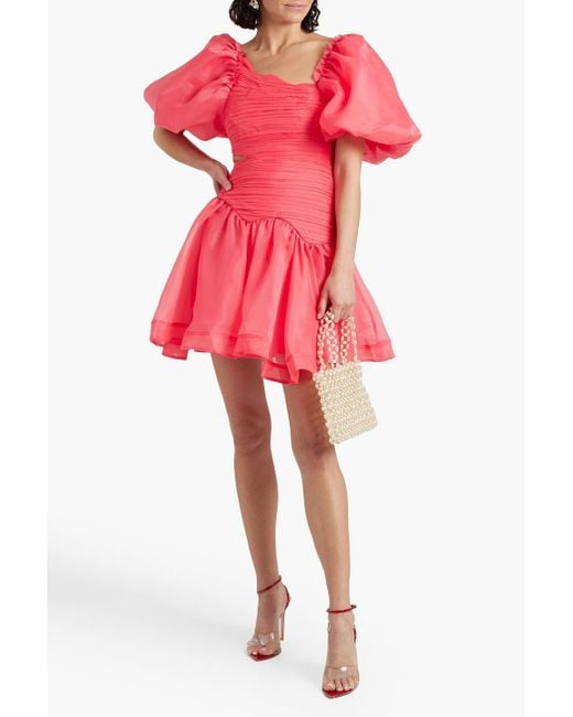 Aje. Pink Joan Asymmetric Pintucked Organza Mini Dress