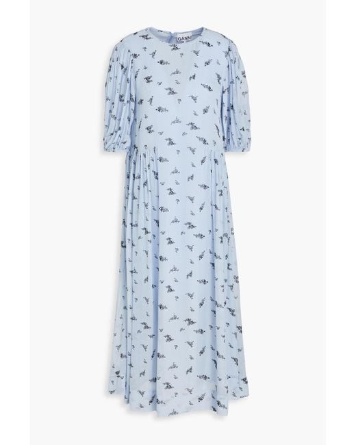 Ganni Blue Floral-print Georgette Midi Dress