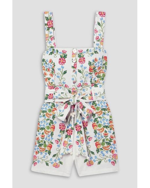 Farm Rio White Belted Shirred Floral-print Linen-blend Playsuit