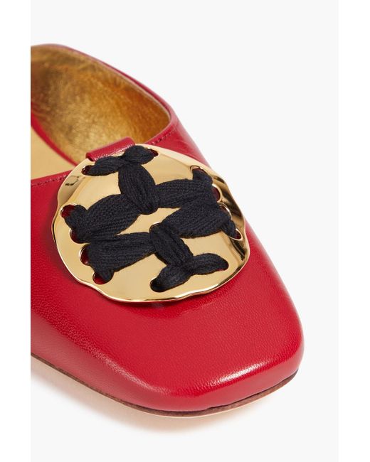 Tory Burch Red Double T Embellished Leather Slippers