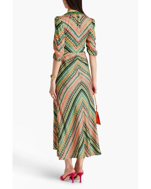 Saloni Green Mitsu Ruched Printed Silk-satin Jacquard Maxi Dress