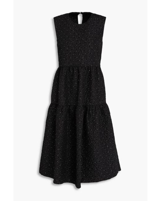 Maje Black Crystal-Embellished Tiered Cloqué Midi Dress