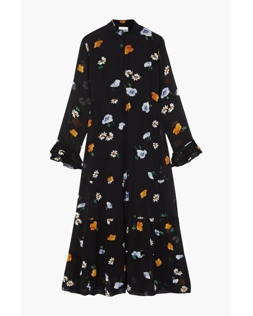 Ganni Black The Kate Tiered Floral-print Chiffon Midi Dress