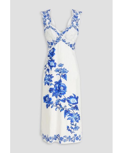 Farm Rio Blue Floral-print Linen Midi Dress