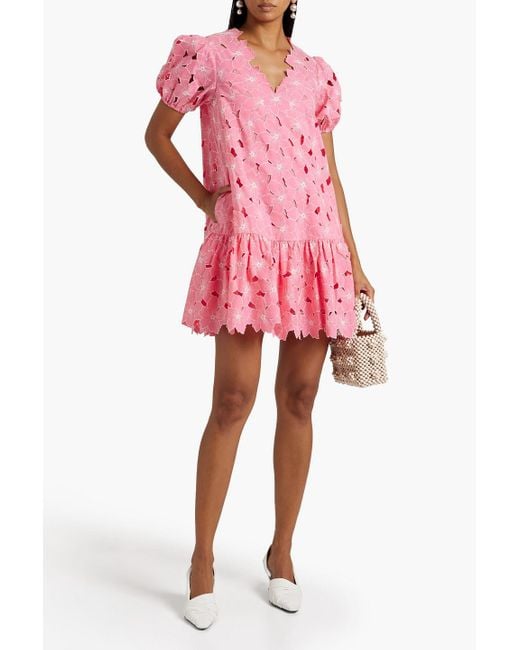 RED Valentino Pink Ruffled Cotton Guipure Lace Mini Dress