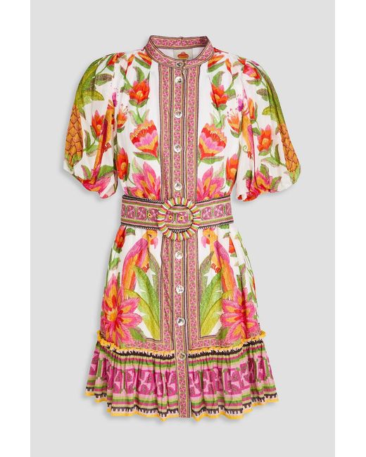 Farm Rio Red Belted Bead-embellished Printed Cotton-blend Mini Dress