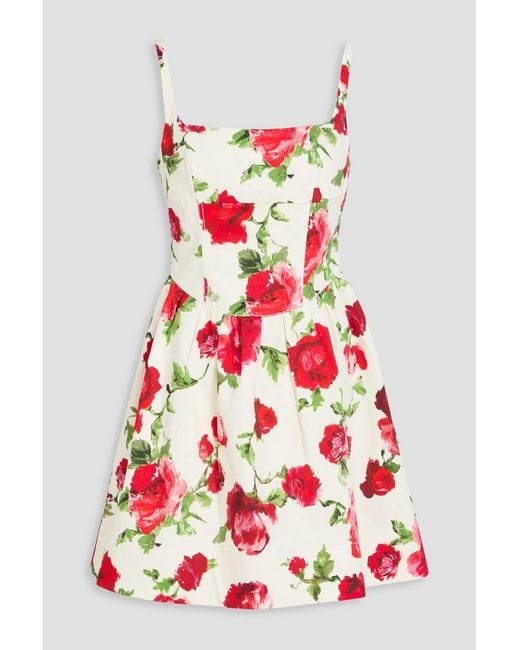 Carolina Herrera Red Pleated Floral-Print Cotton-Blend Mini Dress