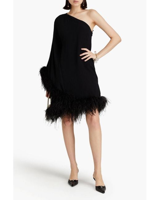 Cult Gaia Black Myrtle One-shoulder Feather-embellished Crepe Dress