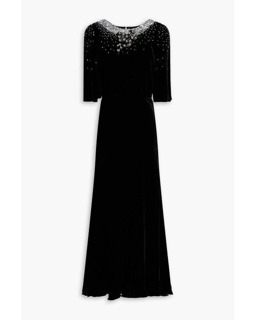 Saloni Black Asymmetric Embellished Velvet Maxi Dress