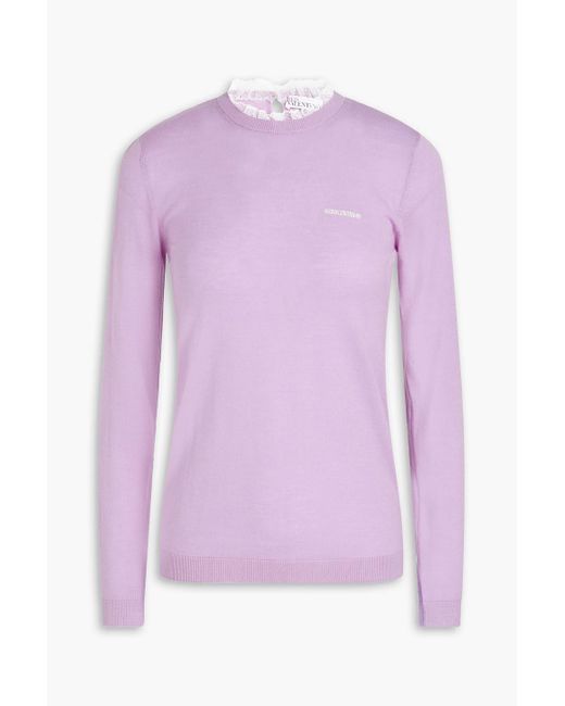 RED Valentino Purple Point D'esprit-trimmed Embroidered Wool And Cashmere-blend Sweater