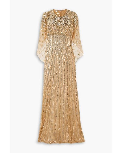 Jenny Packham Natural Nettie Cape-effect Embellished Sequined Tulle Gown