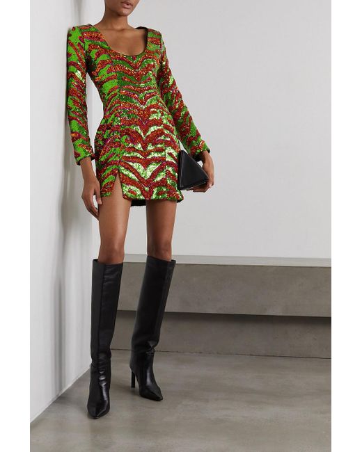 Halpern Green Sequined Zebra-print Tulle Mini Dress