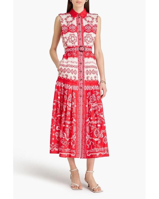 Saloni Red Nya Pleated Floral-Print Linen Midi Shirt Dress