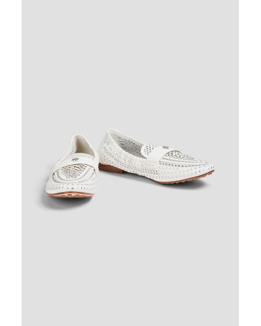 Tory Burch White Logo-embellished Metallic Woven Leather Loafers