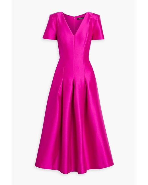 Badgley Mischka Pink Pleated Satin-Twill Midi Dress