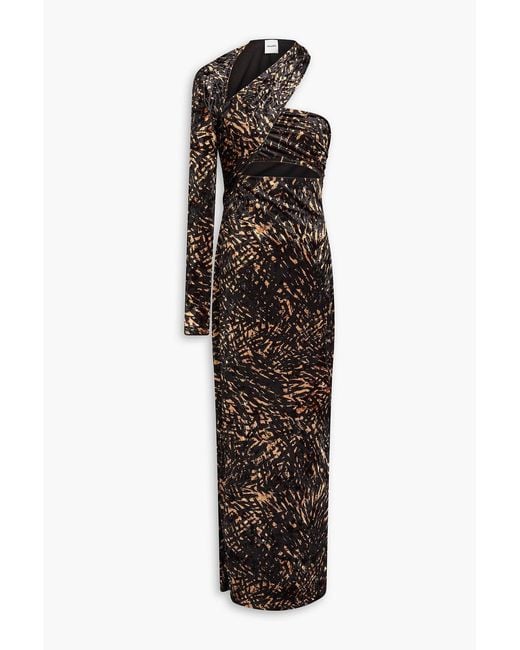 Nanushka Black One-sleeve Cutout Printed Crushed-velvet Maxi Dress