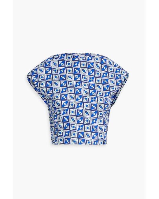 Emilio Pucci Blue Cropped Tie-back Printed Cotton-poplin Top