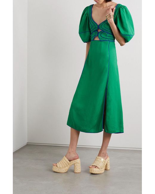 FARM Rio Piped Cutout Linen-blend Midi Dress in Green | Lyst UK