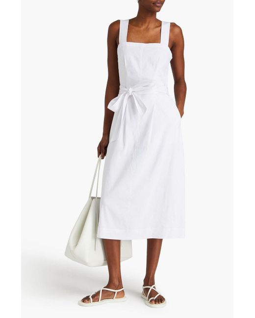Vince White Belted Linen-blend Midi Dress