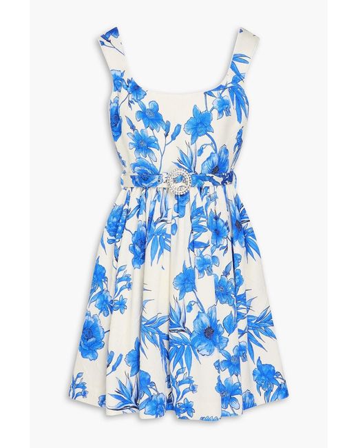 Borgo De Nor Blue Muna Belted Floral-print Cotton-blend Matelassé Mini Dress