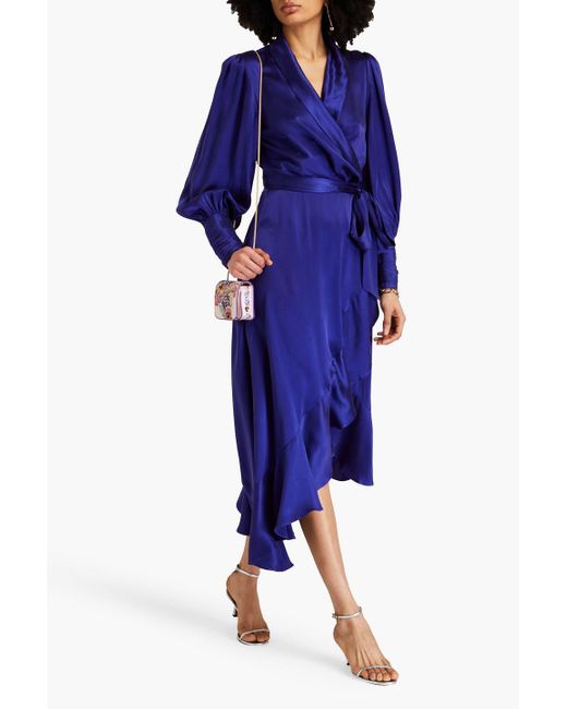 Zimmermann Blue Ruffled Silk-satin Wrap Dress