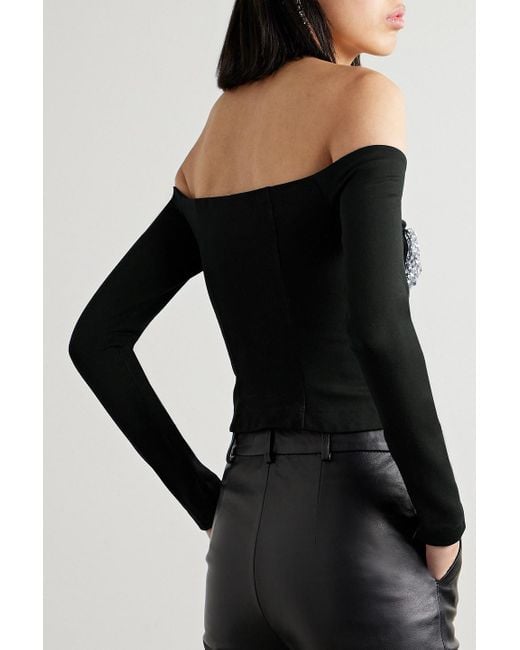 Area Black Off-the-shoulder Crystal-embellished Ponte Top