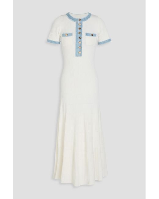 Sandro White Embellished Denim-trimmed Ribbed-knit Midi Dress