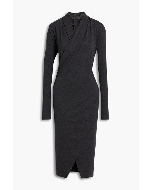 Brunello Cucinelli Black Wrap-effect Bead-embellished Wool-blend Jersey Dress