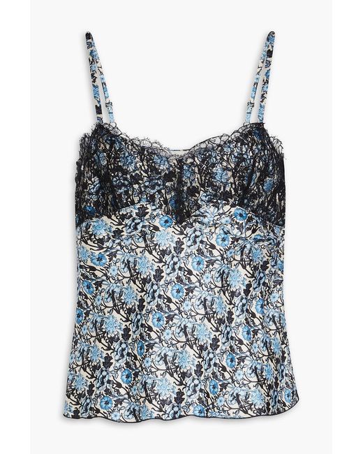 Sandro Blue Floral-print Satin-twill And Corded Lace Camisole