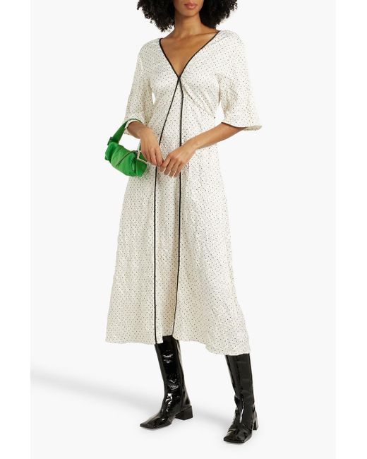 Ganni Natural Polka-Dot Crinkled-Satin Midi Dress