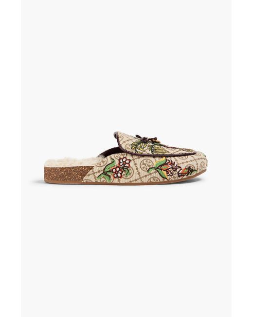 Tory Burch Natural Embellished Printed Jacquard Slippers