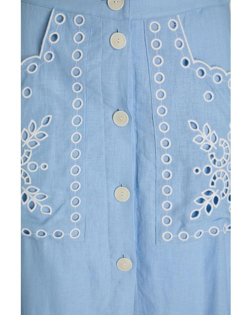 Sandro Blue Broderie Anglaise Linen-Blend Midi Skirt