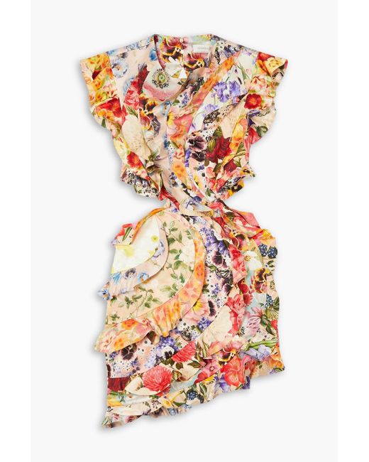 Zimmermann White Open-back Ruffled Floral-print Linen And Silk-blend Mini Dress
