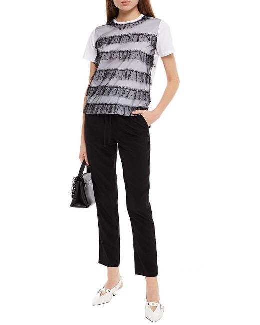 RED Valentino Gray Ruffled Glittered Tulle-trimmed Cotton-jersey Top