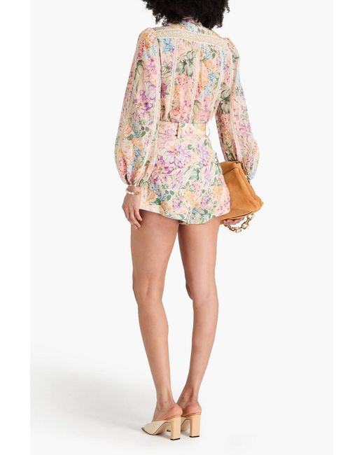Zimmermann Pink Belted Floral-Print Linen Shorts