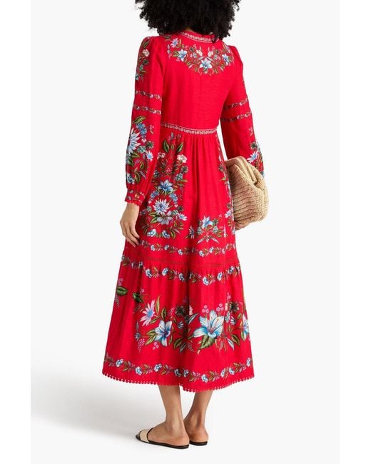 Farm Rio Red Floral-print Linen-blend Midi Dress
