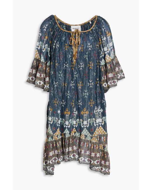 Isabel Marant Blue Bedrucktes minikleid "loane" aus gaze aus einer baumwollmischung in metallic-optik