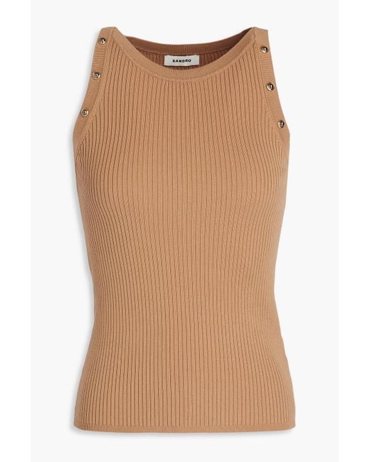 Sandro Brown Embellished Ribbed-knit Top