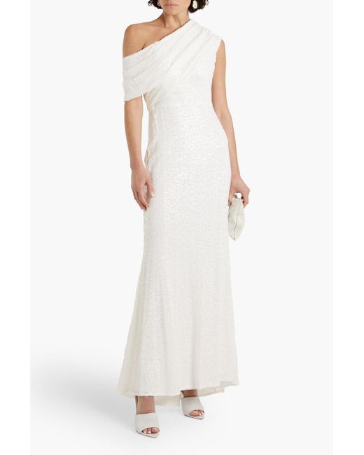 Badgley Mischka White One-shoulder Draped Sequined Tulle Gown