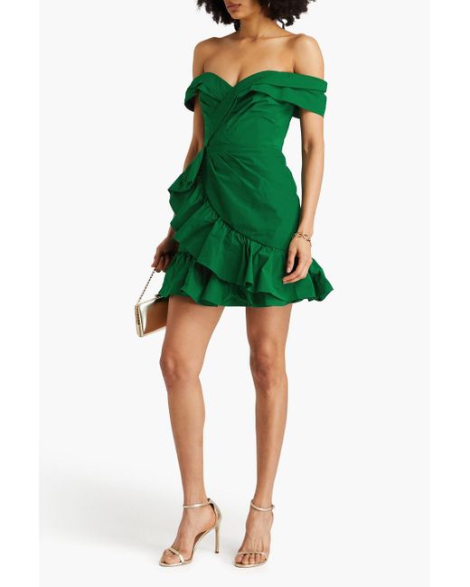 Marchesa Green Schulterfreies minikleid aus faille mit rüschen
