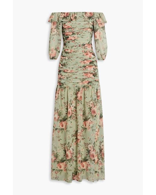 Mikael Aghal Metallic Off-The-Shoulder Ruched Floral-Print Georgette Maxi Dress