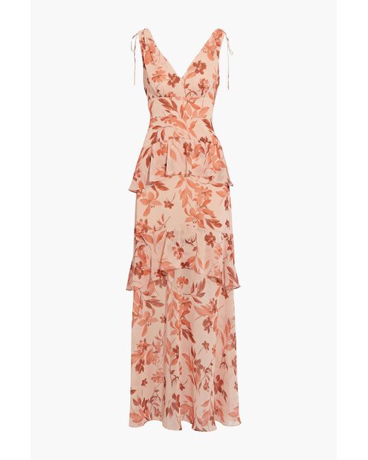 ML Monique Lhuillier Multicolor Sienna Foliage Tiered Ruffled Floral-print Georgette Maxi Dress